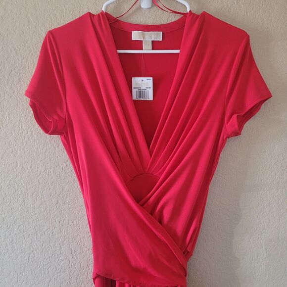 Michael Kors High-Low Faux-Wrap Dress True Red Size Medium Short Sleeve Nwt - Picture 2 of 10